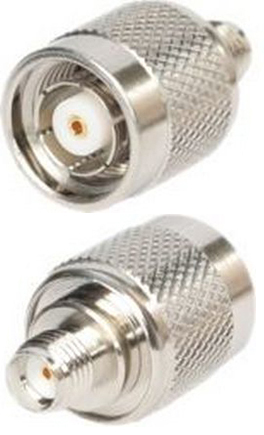 SMA female connector to reverse polarity TNC male connector, straight inter-series adaptor, DC-11 GHz, 50 Ohms – nickel plated